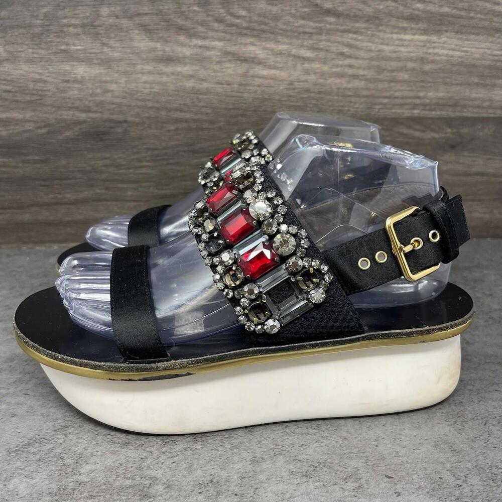 MARNI Jeweled Platform Sandals Womens Size 7 (38) Black Leather Satin